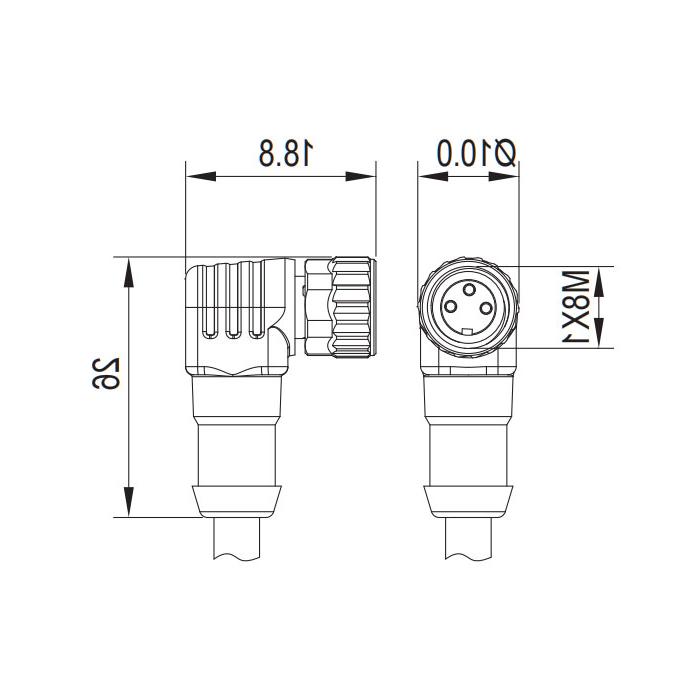 M8 3Pin, female 90°, LED light, single end pre-cast PVC non-flexible cable, grey sheathed, 63S083-XXX