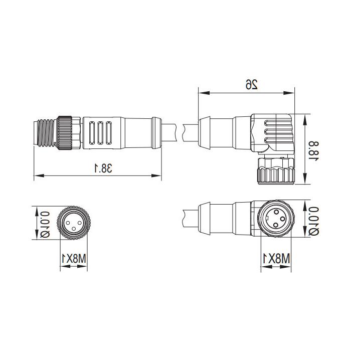 M8 3-PIN, female 90° turn male straight, double-ended precast PUR flexible cable, black sheath, 63D061-XXX 